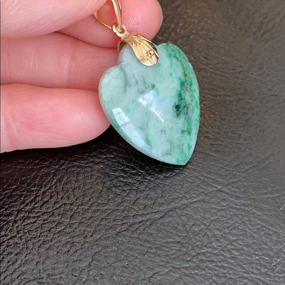 14k Real Gold Chain 18 Heart Jade Pendant Necklace - Picture 4 of 10